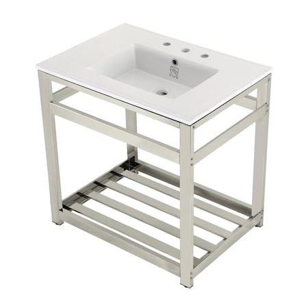 Kingston Brass VWP3122W8A6 31" Ceramic Console Sink (8", 3-Hole), Wht/Polished Nickel VWP3122W8A6